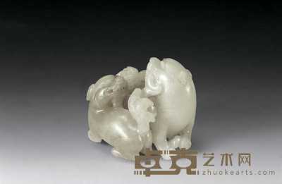 清中期 白玉太狮少狮摆件 长5cm